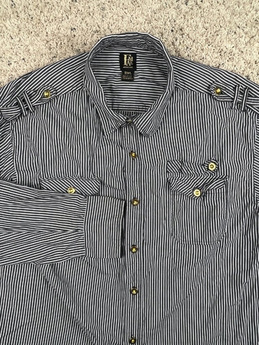 FAME Long Sleeve Button Up Shirt Sz 2XL Gray White Striped Men’s Cotton Gold